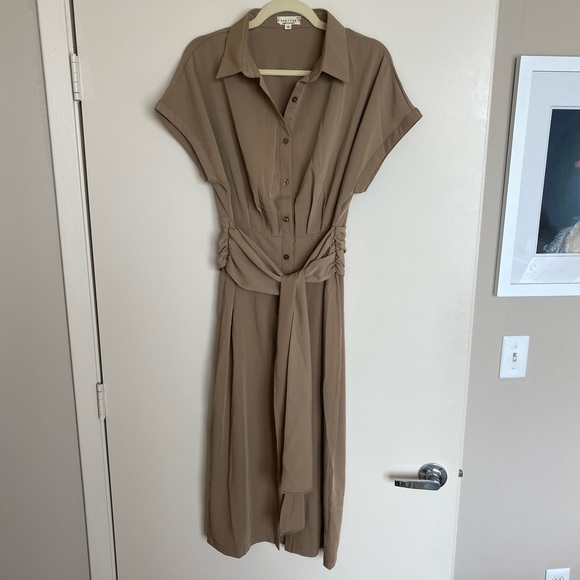Working Together Tan Button Front Midi Dress - Picture 5 of 6
